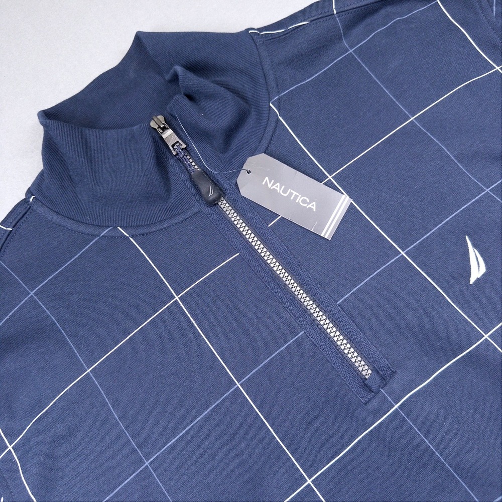 NWT Nautica Quarter 1/4 Zip Pullover Mens XL Navy Grid Sweatshirt Coastal $79